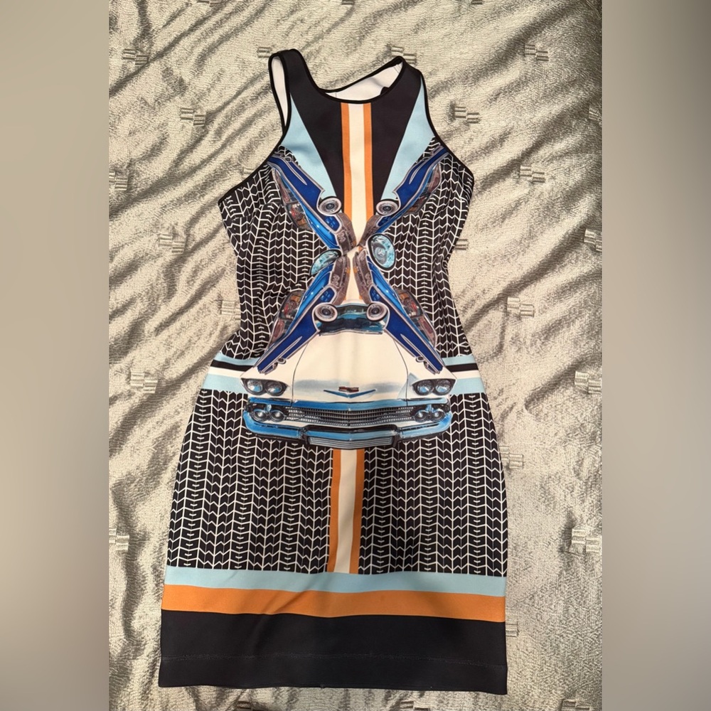 Clover Canyon Black Graphic Car-Print Midi Dress with Blue and Orange Accents